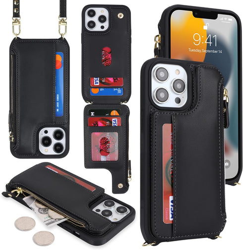 Cavor for iPhone 13 Pro Case with Card Holder,iPhone 13 Pro Wallet Case for Women,Phone Case iPhone 13 Pro Case with Strap,Crossbody Lanyard and Wristlet,Leather Zipper Pocket Case-Black