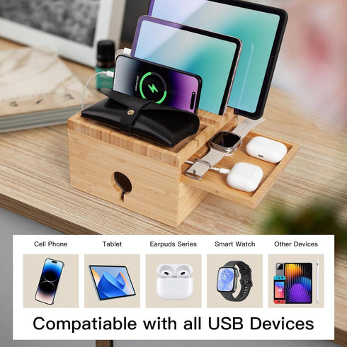 PERFECYEE 5-Cable, Bamboo Charging Station for Multiple Devices, Desktop Charger Organizer with Small Tray, Compatible