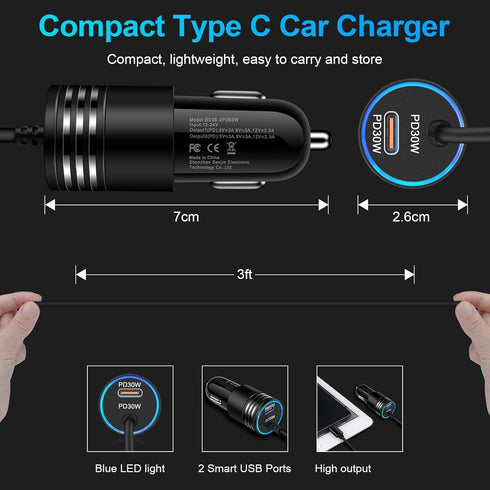 60W Super Fast Charging Android Car Charger Type C Rapid Samsung Car Charger with 3ft Built-in USB C Cable for Samsung