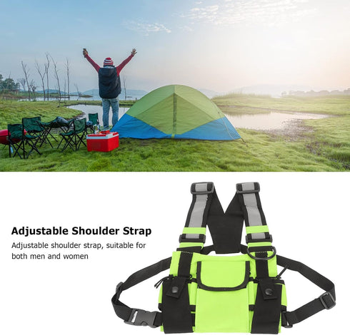 Radio Chest Harness Bag, Universal Two Way Adjustable Oxford Cloth Radio Vest Rig with Front Pack Pouch, Fruit Green