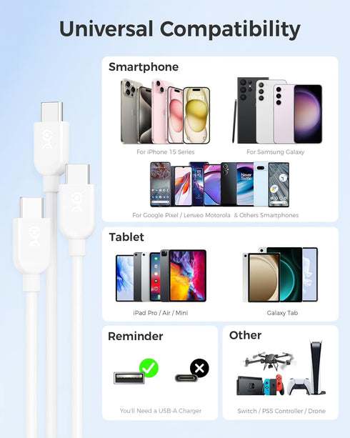 Cable Matters 3-Pack Extreme Flexible Long USB A to USB C Cable 10ft White, USB to USB C Charging Cable for iPhone