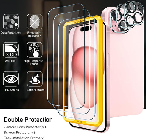 iVoler iPhone 15 6.1" Tempered Glass Screen Protector 3-Pack + Camera Lens Protectors with Alignment Frame, HD Clear