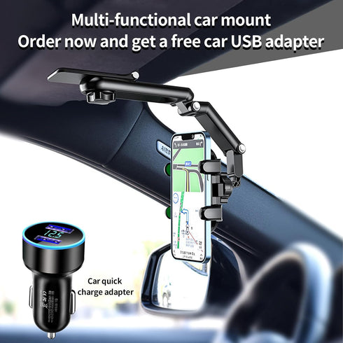 Phone Mount for Car, Rearview Mirror Holder, Rotatable and Retractable for iPhone and Android Smartphones
