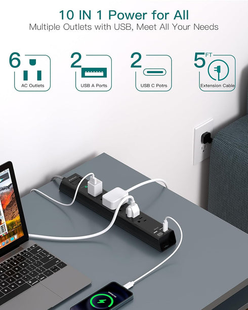 Surge Protector Power Strip - Extension Cord with 6 AC Outlets 4 USB (2 USB-C Ports), Flat Plug with Overload Surge Protection, Wall Mount, 5ft, Outlet Extender for Home Office Dorm Room Essentials
