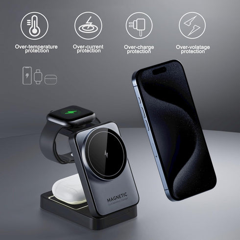 Foldable 3 in 1 Wireless Charger for iPhone, 15W MagSafe Charger Stand, Compatible with iPhone 16-12, Apple Watch,