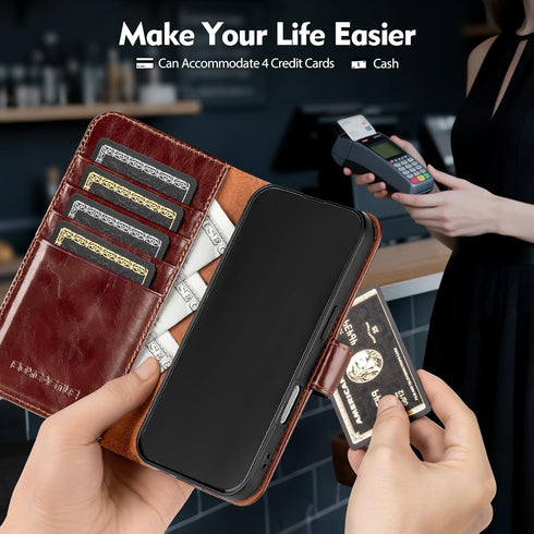 BoxCastle 17 17 6.3",Brown Compatible with iPhone Genuine Leather Case Wallet with Card Holder,Women Men Real Leather