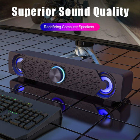 Smalody Small Computer Speakers for Desktop Gaming Monitor, Wired USB Powered Mini Soundbar with Cool LED Light
