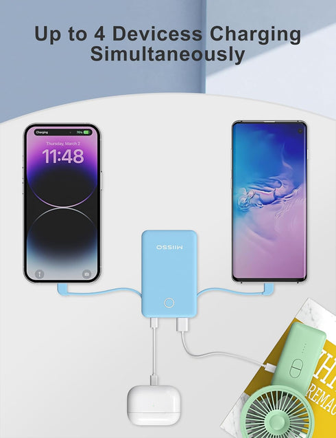 6000mAh Ultra Slim Power Bank, Card Size with Built-in USB C Cords, Portable Charger for Phones, Blue