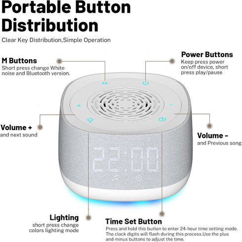 5.4, 14 1000mAh Sound Machine & Clock with Bluetooth Soothing White Noise Sounds, Night Light, Sleep Timer, Portable