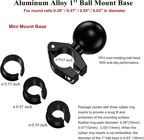 BRCOVAN Aluminum Alloy Mini Mount Base with 1'' TPU Ball for Rails Diameter 0.39'' to 0.63''