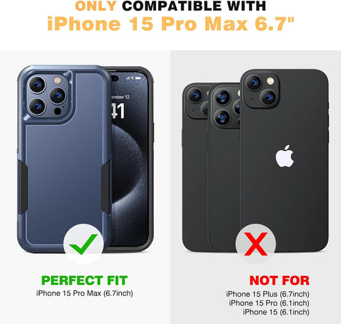 Diaclara iPhone 15 Pro Max Case - Dark Blue, Military Grade Drop Protection, Anti-Spy Privacy Screen Protector, Heavy