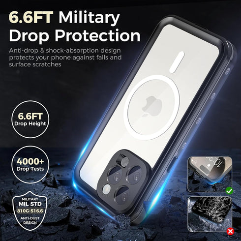 iPhone 15 Pro Case Waterproof, IP68 Case with Kickstand, Impact Resistant TPU + PC for Diving, Swimming, Hiking