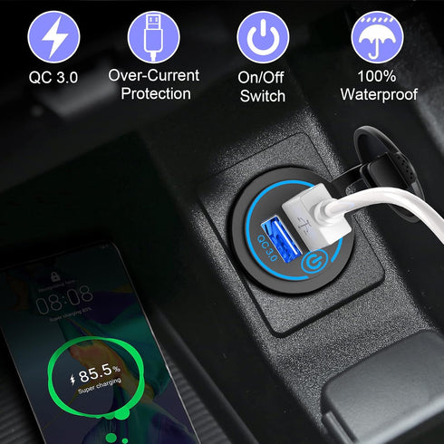 Qidoe 36W Dual QC3.0 USB Power Charger Socket, Waterproof 12V USB Outlet with Touch Switch for RV Motorcycle Boat