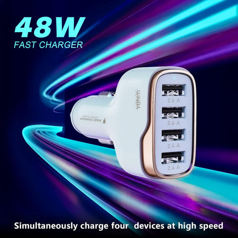 SUNDA 48W/9.6A USB Fast Car Charger, 4-Ports Car Charger Adapter for Apple and Android Smartphones