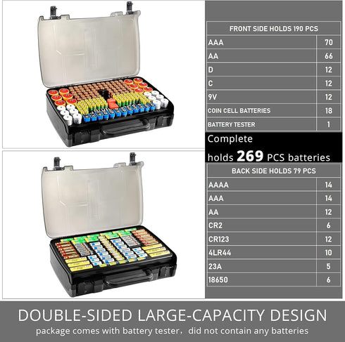 269 4A 9V 3V LR44 CR2 CR123 CR1632 18650 Battery Organizer Storage Case with Tester, Holds Batteries Double Sided Box