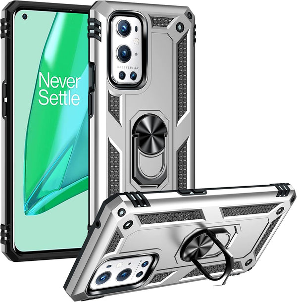 Military Grade Drop Impact Case for Oneplus 9 Pro, 360 Metal Rotating Ring Kickstand Holder, Shockproof (Silver)