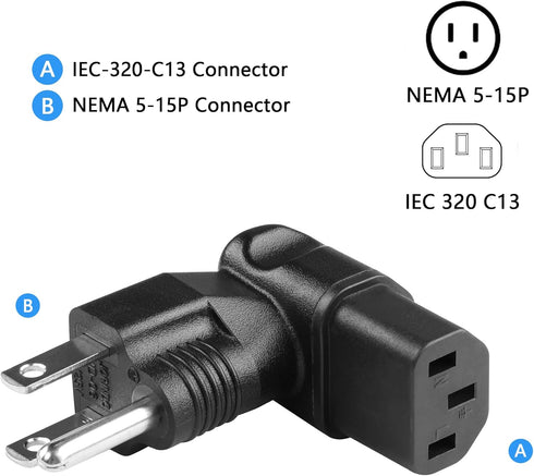 JSADZKJ 3 Prong Power Adapter, 90 Degree 5-15P to C13 Power Convertor (2 Pcs)