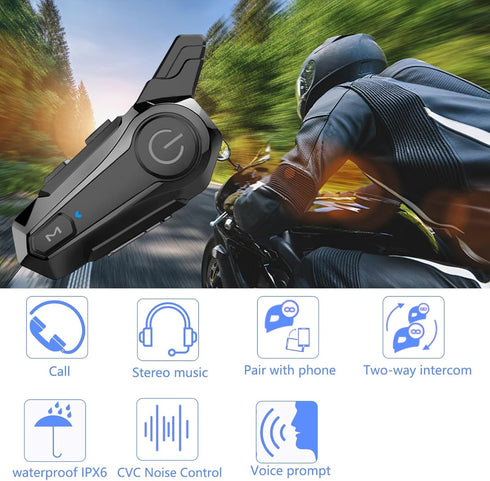 Motorcycle Headset E1 Helmet Intercom, CVC Noise Cancellation Stereo Music, IPX6 Waterproof for Full Face Helmet