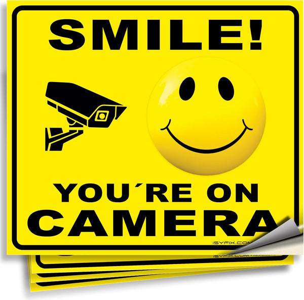 iSYFIX Smile You're On Camera Stickers for Home - 4 Pack 7x6 Inch Decals for Inside the Window or Glass, Security