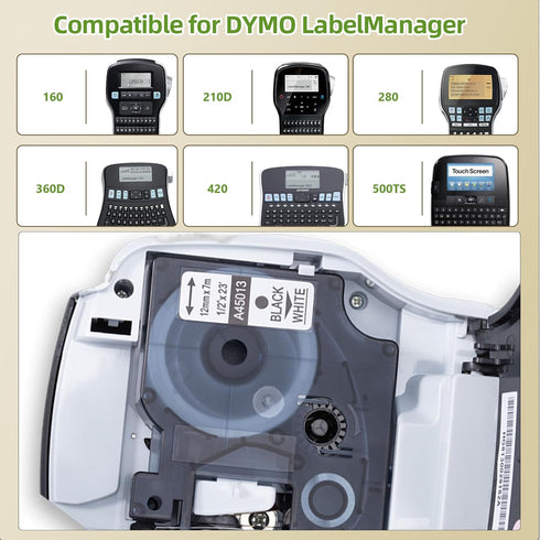 A45013 D1 Label Tape S0720530 for Dymo Label Maker Refills d1 45013, 1/2 in x 23 Ft, 4-Pack