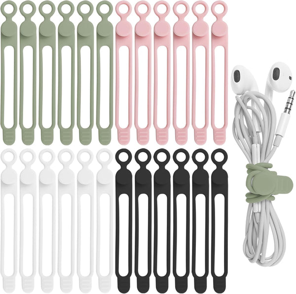 Nearockle 24Pcs Silicone Cable Straps - Cord Organizer for Earphones, Phone Chargers, Reusable Cable Ties for Home