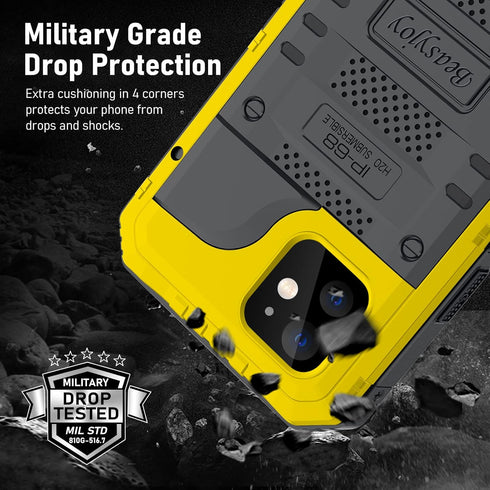 Beasyjoy for iPhone 12 Case, Waterproof Heavy Duty Rugged Protective Cover with Built-in Screen Protector (Yellow)