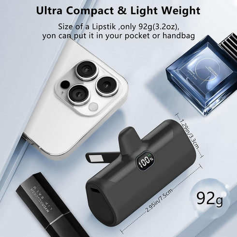 Mini Portable Charger 5000mAh, Ultra Compact Power Bank with Built-in Phone Holder, LED Light, LCD Display for Travel,
