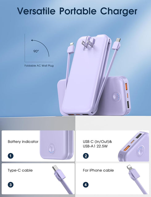 Portable Charger 12000mAh with Built-in Cable and AC Wall Plug, 22.5W Super Fast Charging for iPhone, Samsung, Tablets