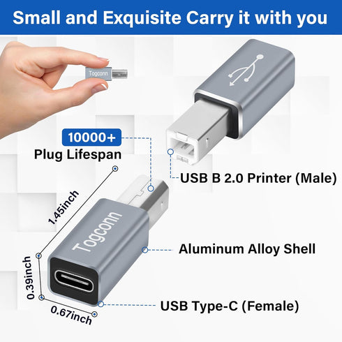 USB C to Printer Adapter (2 Pack), USB Type-C Female to USB-B Male MIDI Converter Connector, Support Data Sync, Compatible with Electric Piano, Printer, Scanner and More-Grey