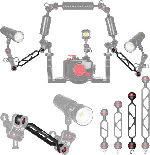 MINIFOCUS 6" Double Ball Aluminum Extension Arm, 1" Ball Head Connector, Underwater CNC Arm System for Strobe/Video