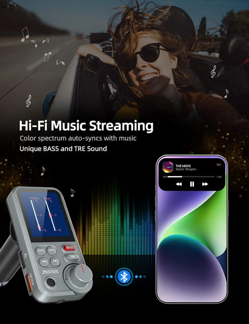 Nulaxy FM Bluetooth Transmitter for Car, Strong Microphone Bluetooth Adapter with 1.8" Color Screen for Hands-Free