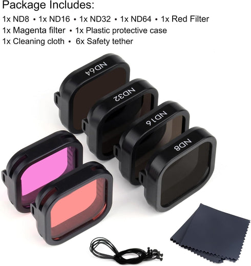 GEPULY 6-Pack Set 13 ND8, ND16, ND32, ND64, ND Filter Lens for GoPro Hero Black, Light Red, Magenta Filters, Snorkel