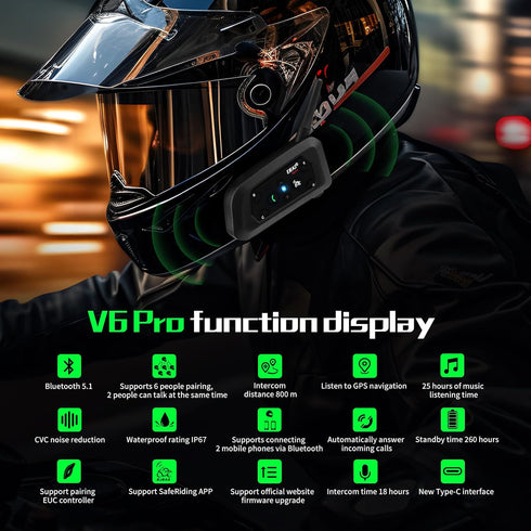 EJEAS Motorcycle Helmet Bluetooth Headset V6 Pro, 2-Way 1200M Intercom Communication System for Motorbike