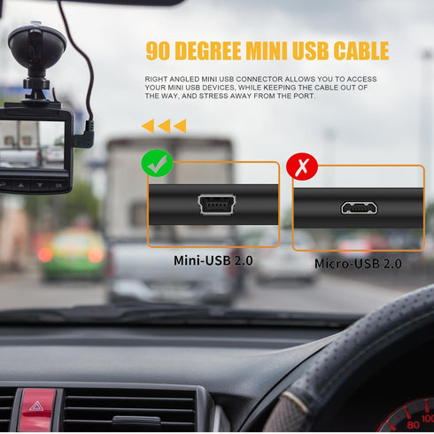 Mini USB Cable, 90 Degree USB 2.0 A to Mini B, Right Angle USB 2.0 A-Male to Mini-B Adapter Cord, 3pcs for Dash Cam
