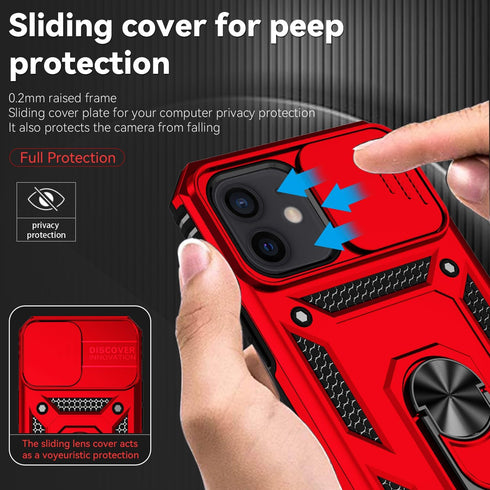 SunStory iPhone 12/iPhone 12 Pro Case with HD Screen Protector, Slide Camera Cover & Rotated Ring Kickstand, Red