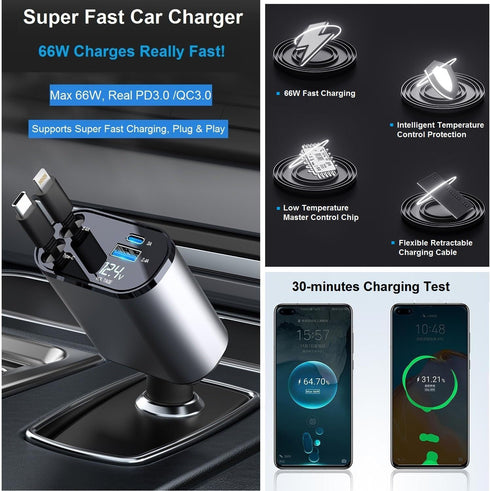Retractable Car Charger Fast Charging, 66W 4-in-1 USB C Adapter, Compatible with iPhone 15/14/13/12 Pro Max, iPad,