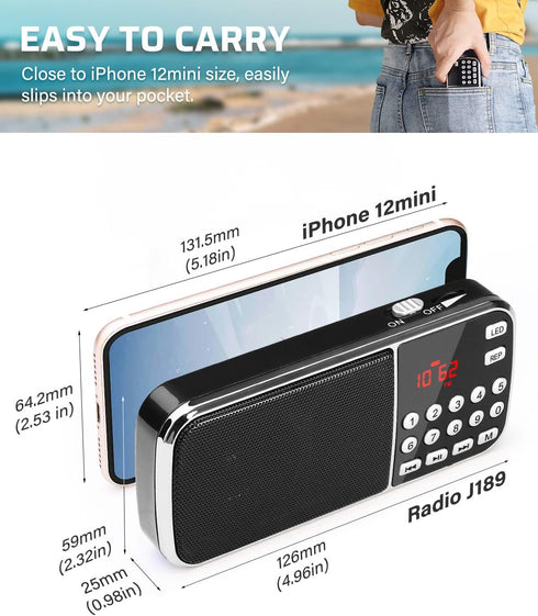 PRUNUS J-189 Bluetooth AM FM Radio, Small Portable Radio with Dual Speaker Heavy Bass, Pocket Size (Black)