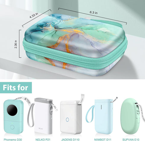 Fintie Protective Case for Phomemo D30 D35, NELKO P21, NIIMBOT D11 Label Maker - Portable Bluetooth Label Printer Holder, Shockproof Hard Shell Carrying Case with Mesh Pocket, Emerald Marble