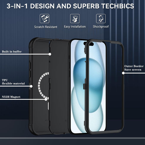 SunStory 15 3-Layer 3 1 15 6.1",Black Magnetic for iPhone Case with HD Screen Protector, Compatible with MagSafe, Heavy