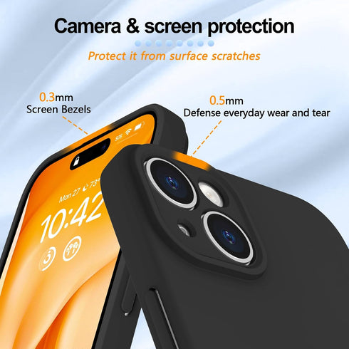 iPhone 15 Plus Case - Black, Slim Liquid Silicone, Shockproof, Anti-Scratch, with 360° Rotatable Ring Holder & Lanyard.