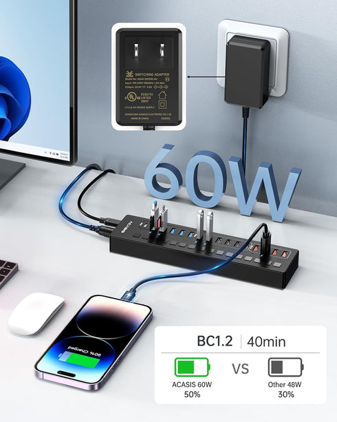 Powered USB 3.0 Hub, ACASIS 16 Port USB Hub with 60W Power Adapter, Wall Mount Support for PC and Laptop