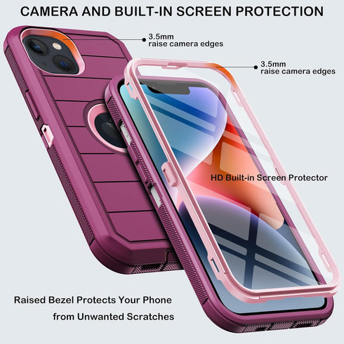 for iPhone 14 Plus Case with Belt Clip Holster,Built-in Screen Protector,Heavy Duty Shockproof Drop Protection Military Grade Rugged Phone Cover with Kickstand for Apple 14 Plus 6.7“ (Burgundy)