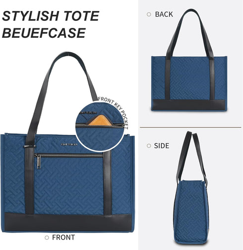 EMPSIGN 16 Inch Laptop Tote Bag for Women, Stylish Quilted Computer Shoulder Briefcase, Waterproof Haze Blue
