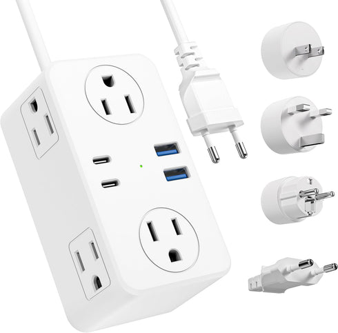 European Travel Plug Adapter, Compact Power Strip with 6 AC Outlets, 4 USB Ports (2 USB C), 3ft Wrapped Extension Cord