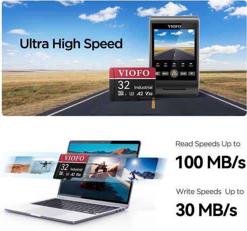 VIOFO 32GB Industrial Grade microSD Card, U3 A2 V30 High Speed with Adapter for Ultra HD 4K Video Recording