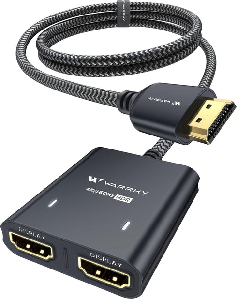 WARRKY HDMI Splitter 4K, 1x2 HDMI Display Duplicate/Mirror, USB-C Powered Splitter with Metal Shell and Braided Cable