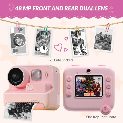Mafiti Kids Camera Instant Print, 48MP Digital Selfie 1080P Video Camera with 32G TF Card for Girls Boys