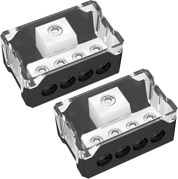 Joinfworld 4 Way Power Distribution Block for Car Audio, 0/2/4 Gauge Input, 4/8/10 Gauge Output (2pcs)