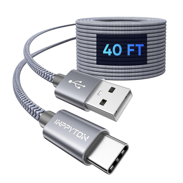 INPPYTON 40ft Extra Long USB-C to USB-A 2.0 Cable - Durable Double Nylon