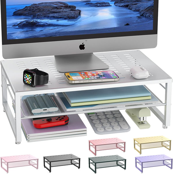 gianotter 2-Tier Metal Monitor Stand Riser, Desk Organizer for Office Supplies in White